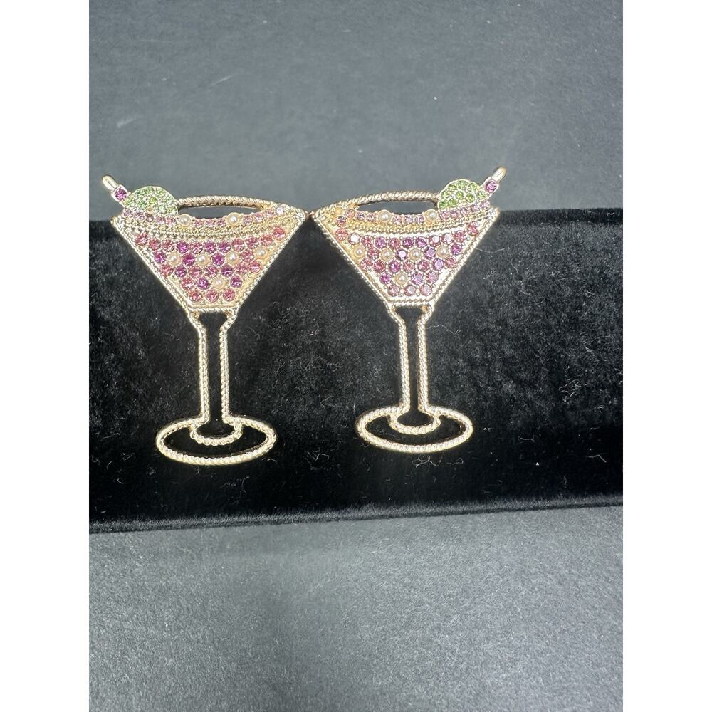 Rhinestone & Pearl Gold Martini Glass Lime & Straw Pink Green Pierced Earrings